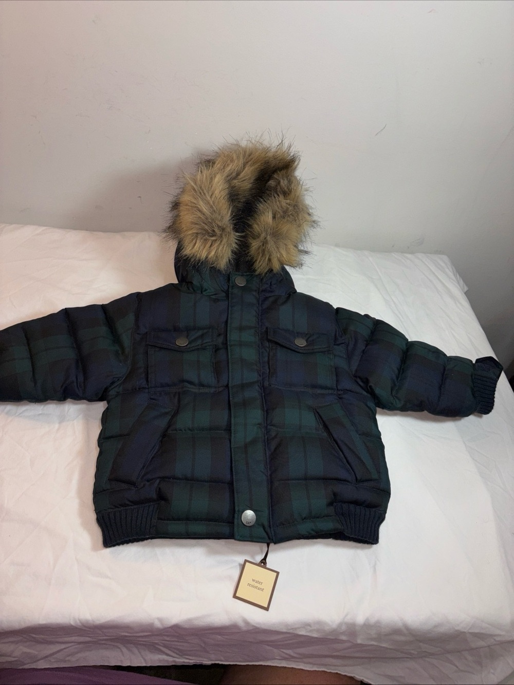 Baby Gap Plaid Puffer Jacket with Faux Fur Hood - Green/Black New!!!  993